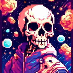 Pixel art profile picture featuring a detailed skull rendered in shades of electric blue against a cosmic background filled with pixelated galaxies and stars