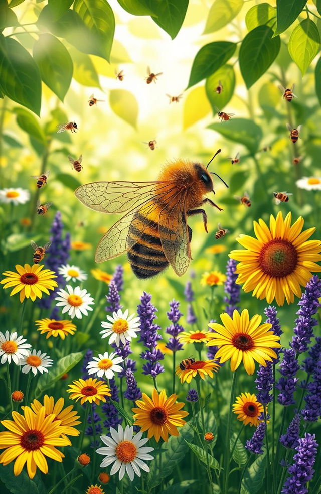 A whimsical and enchanting depiction of a queen bee in a lush, verdant garden teeming with vibrant flowers