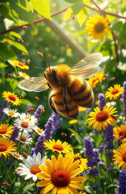 A whimsical and enchanting depiction of a queen bee in a lush, verdant garden teeming with vibrant flowers