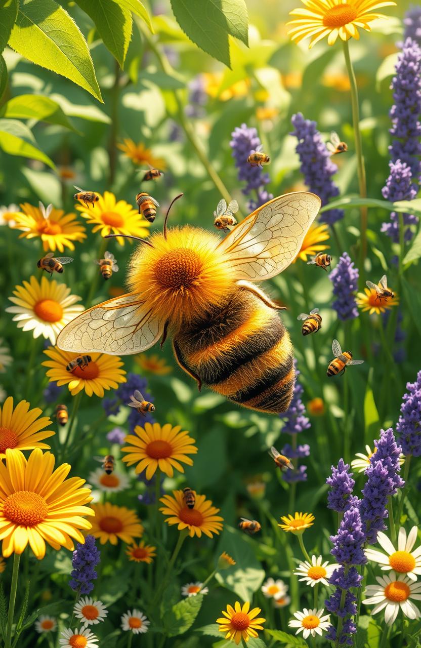 A whimsical and enchanting depiction of a queen bee in a lush, verdant garden teeming with vibrant flowers