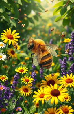 A whimsical and enchanting depiction of a queen bee in a lush, verdant garden teeming with vibrant flowers