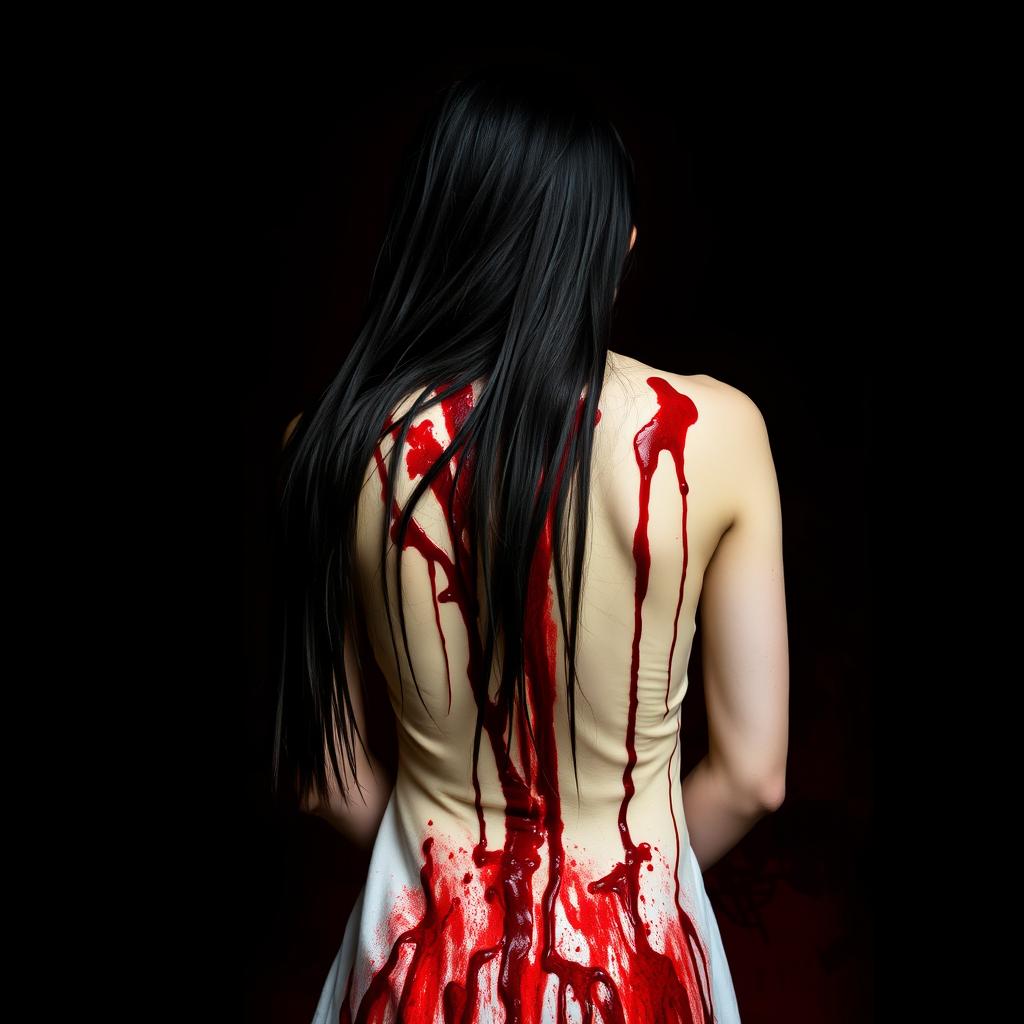 A young woman with long black hair standing with her back to the viewer, her entire back covered in blood