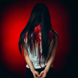A young woman with long black hair standing with her back to the viewer, her entire back covered in blood