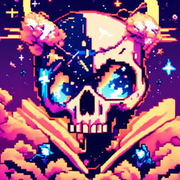 Pixel art profile picture featuring a detailed skull rendered in shades of electric blue against a cosmic background filled with pixelated galaxies and stars