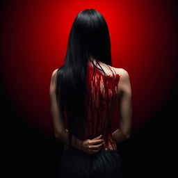 A young woman with long black hair standing with her back to the viewer, her entire back covered in blood