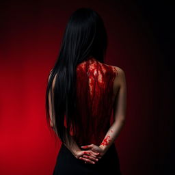 A young woman with long black hair standing with her back to the viewer, her entire back covered in blood