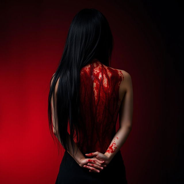 A young woman with long black hair standing with her back to the viewer, her entire back covered in blood