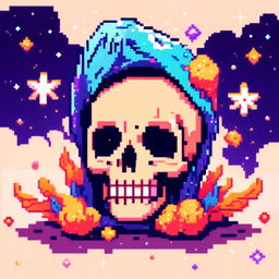 Pixel art profile picture featuring a detailed skull rendered in shades of electric blue against a cosmic background filled with pixelated galaxies and stars