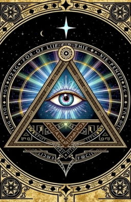 An artistic representation of the Eye of Providence, symbolizing Freemasonry, featuring a stylized, radiant eye within a pyramid surrounded by intricate geometrical patterns