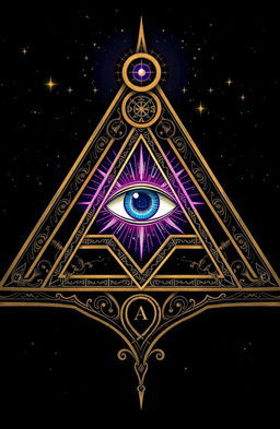An artistic representation of the Eye of Providence, symbolizing Freemasonry, featuring a stylized, radiant eye within a pyramid surrounded by intricate geometrical patterns