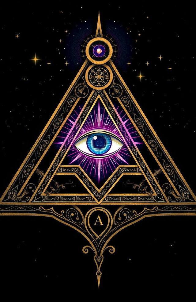 An artistic representation of the Eye of Providence, symbolizing Freemasonry, featuring a stylized, radiant eye within a pyramid surrounded by intricate geometrical patterns