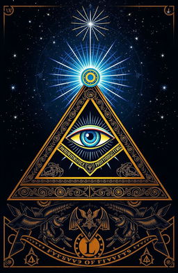 An artistic representation of the Eye of Providence, symbolizing Freemasonry, featuring a stylized, radiant eye within a pyramid surrounded by intricate geometrical patterns