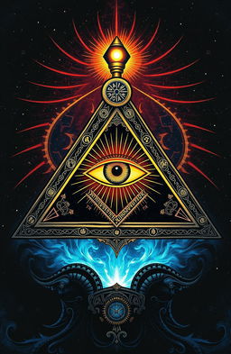 An artistic representation of the Eye of Providence, symbolizing Freemasonry, featuring a stylized, radiant eye within a pyramid surrounded by intricate geometrical patterns