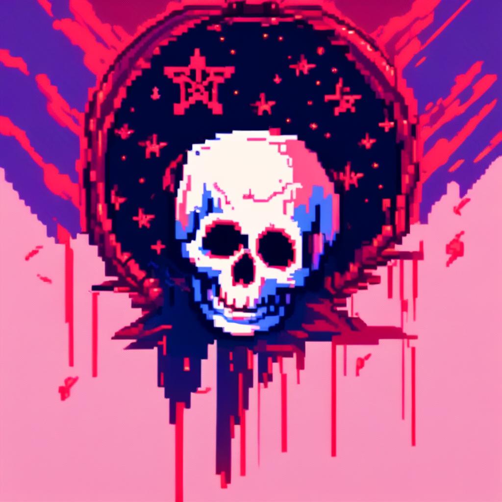 Pixel art profile picture featuring a detailed skull rendered in shades of electric blue against a deep red, starry background