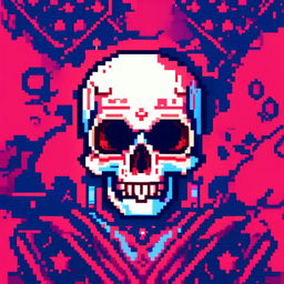 Pixel art profile picture featuring a detailed skull rendered in shades of electric blue against a deep red, starry background