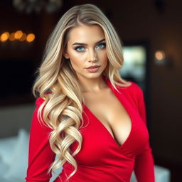 A beautiful 20-year-old blonde woman dressed in a striking red outfit that features a deep neckline, showcasing her voluptuous figure