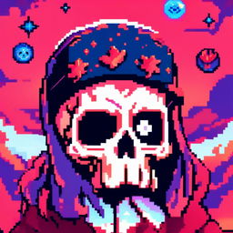 Pixel art profile picture featuring a detailed skull rendered in shades of electric blue against a deep red, starry background