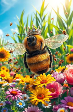 A beautiful queen bee wearing a sparkling crown, surrounded by a swarm of cheerful worker bees buzzing around in a vibrant garden