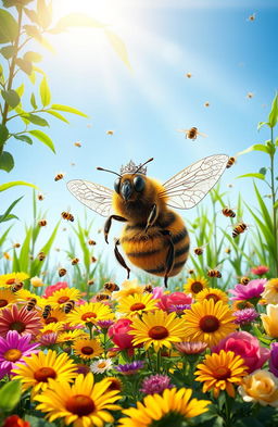 A beautiful queen bee wearing a sparkling crown, surrounded by a swarm of cheerful worker bees buzzing around in a vibrant garden