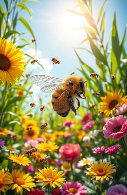 A beautiful queen bee wearing a sparkling crown, surrounded by a swarm of cheerful worker bees buzzing around in a vibrant garden