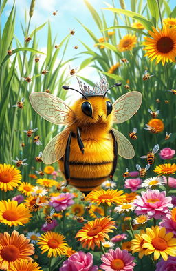 A beautiful queen bee wearing a sparkling crown, surrounded by a swarm of cheerful worker bees buzzing around in a vibrant garden
