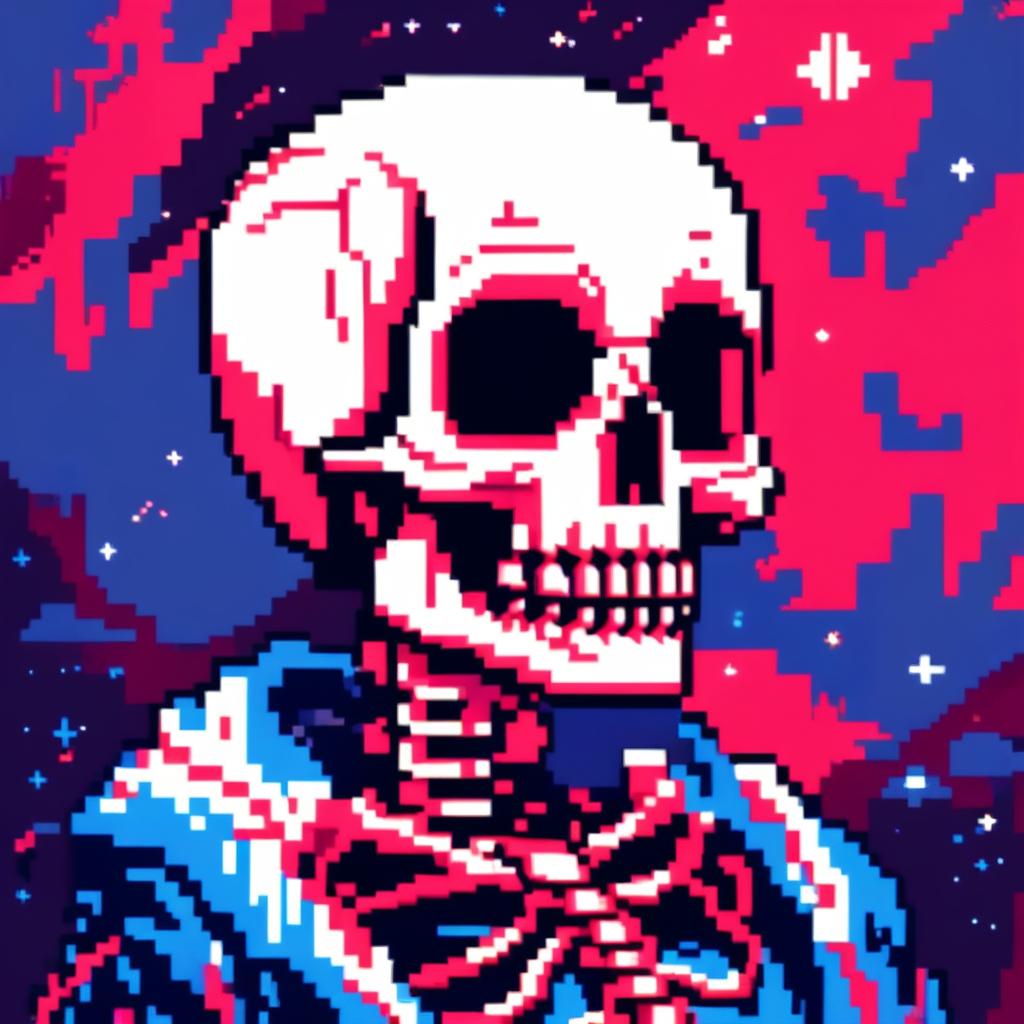 Pixel art profile picture featuring a detailed skull rendered in shades of electric blue against a deep red, starry background