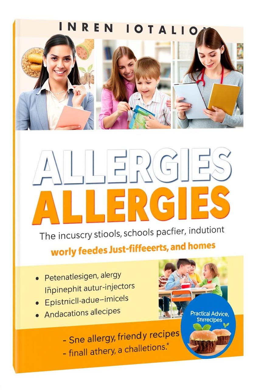 A comprehensive non-fiction book cover design focused on the theme of allergies in various environments including workplaces, schools, and homes