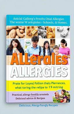 A comprehensive non-fiction book cover design focused on the theme of allergies in various environments including workplaces, schools, and homes