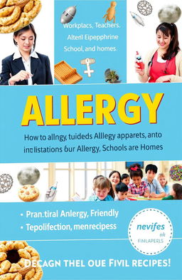 A comprehensive non-fiction book cover design focused on the theme of allergies in various environments including workplaces, schools, and homes
