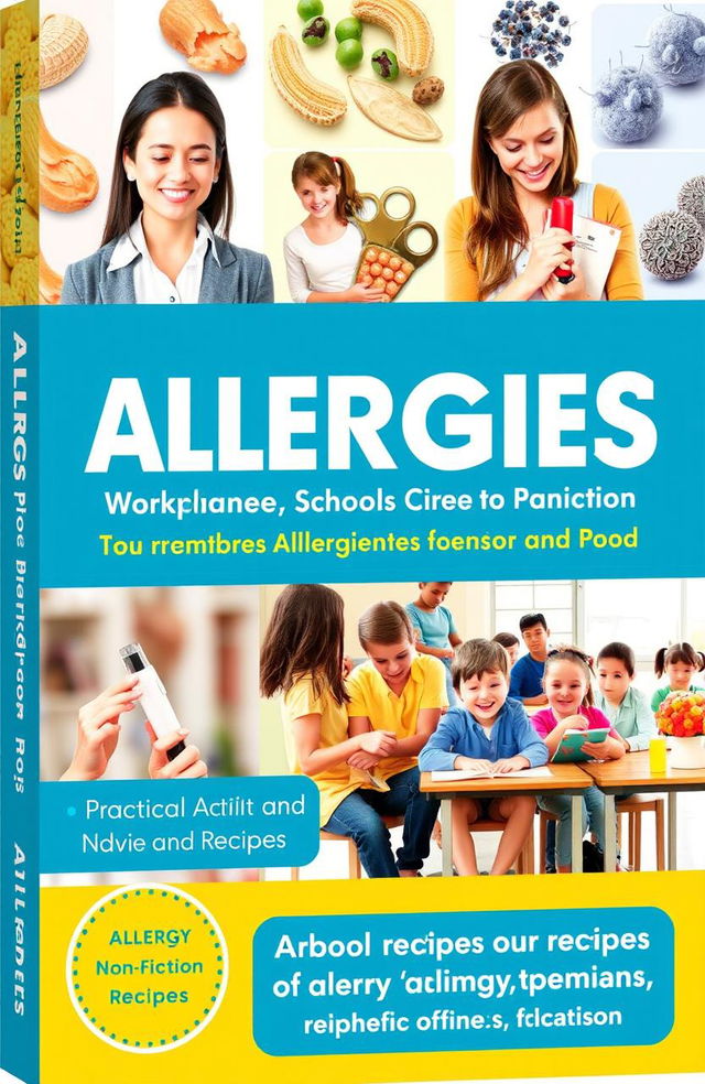 A comprehensive non-fiction book cover design focused on the theme of allergies in various environments including workplaces, schools, and homes