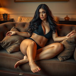 A captivating scene featuring a hot curvy woman lounging on a plush couch, her legs comfortably spread open as she exudes confidence and allure