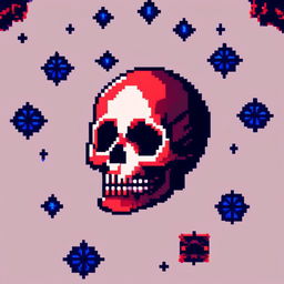 Pixel art profile picture featuring a detailed skull rendered in shades of electric blue against a deep red, starry background