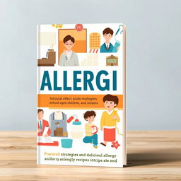 A comprehensive non-fiction book cover design exploring the theme of allergies affecting various demographics including adults at work, school-aged children, and infants