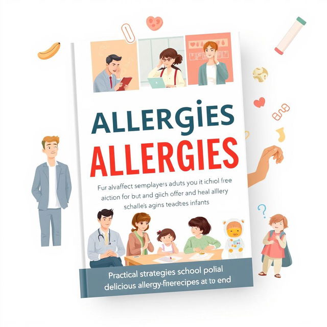 A comprehensive non-fiction book cover design exploring the theme of allergies affecting various demographics including adults at work, school-aged children, and infants