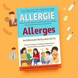 A comprehensive non-fiction book cover design exploring the theme of allergies affecting various demographics including adults at work, school-aged children, and infants