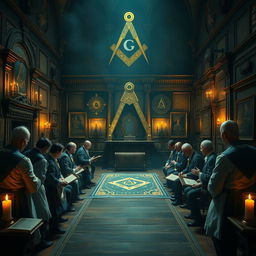 A historical and artistic representation of Freemasonry, featuring iconic symbols such as the square and compass, a grand mason lodge interior, and various Masonic emblems