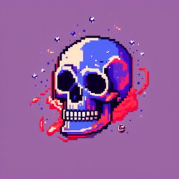 Pixel art profile picture featuring a detailed skull rendered in shades of electric blue against a deep red, starry background