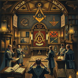 A historical and artistic representation of Freemasonry, featuring iconic symbols such as the square and compass, a grand mason lodge interior, and various Masonic emblems