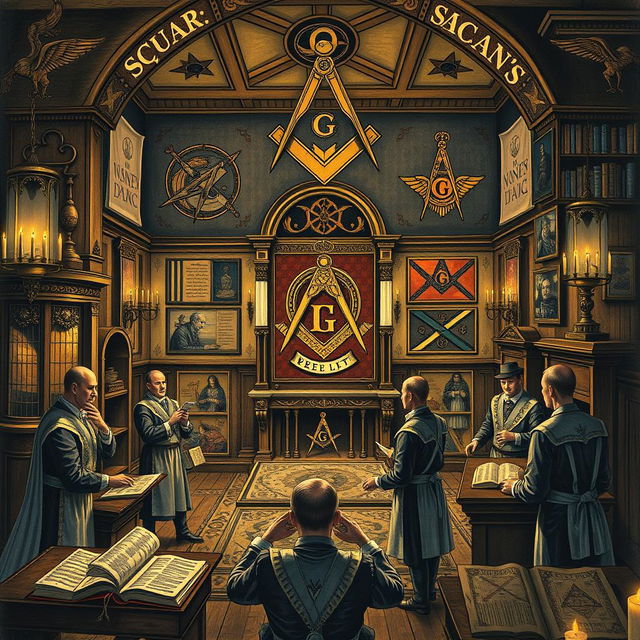 A historical and artistic representation of Freemasonry, featuring iconic symbols such as the square and compass, a grand mason lodge interior, and various Masonic emblems