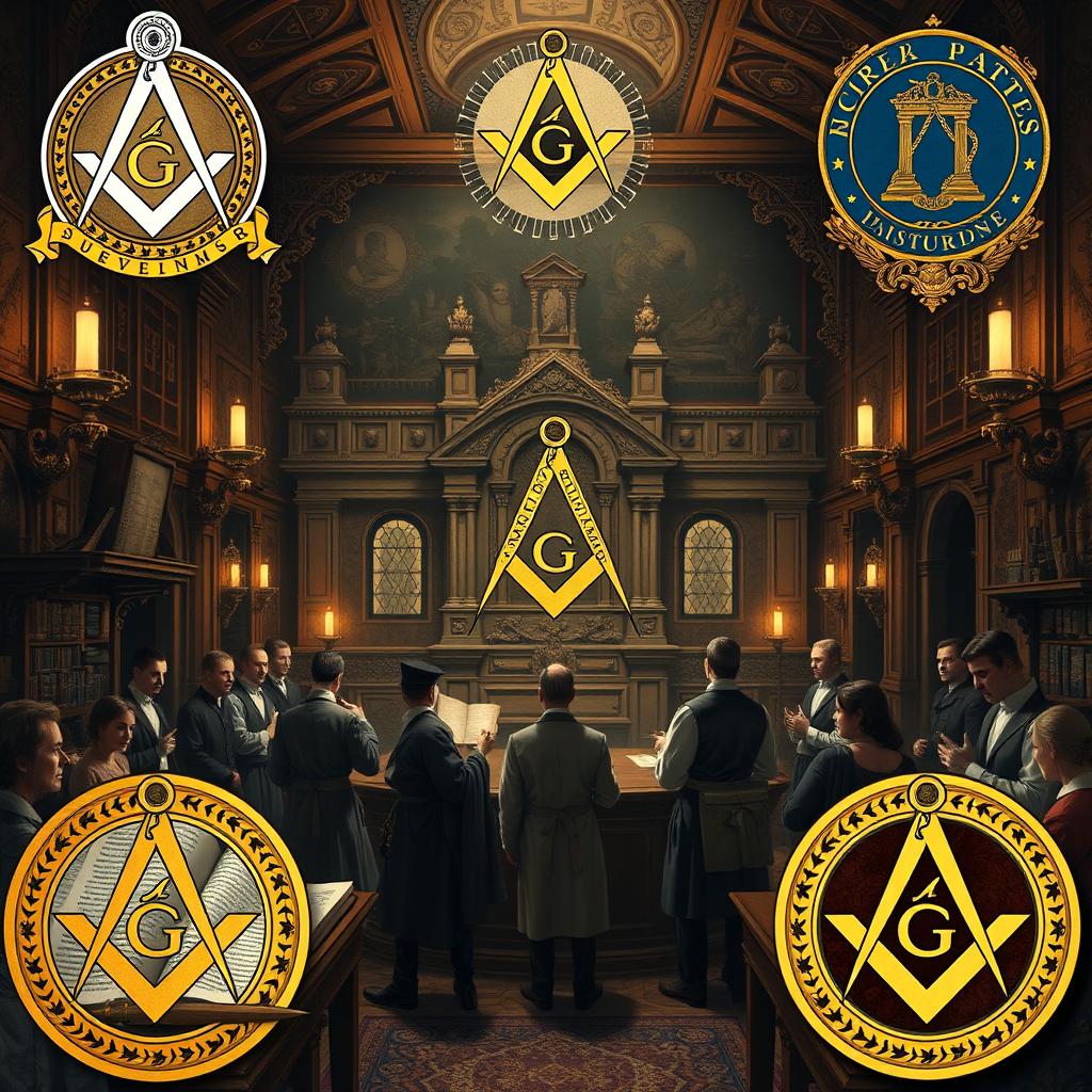 A historical and artistic representation of Freemasonry, featuring iconic symbols such as the square and compass, a grand mason lodge interior, and various Masonic emblems