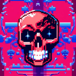 Pixel art profile picture featuring a detailed skull rendered in shades of electric blue against a deep red, starry background