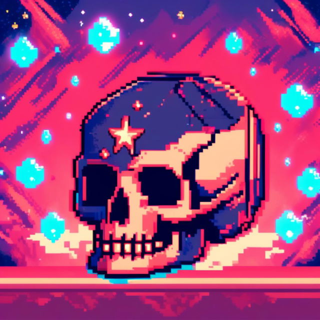 Pixel art profile picture featuring a detailed skull rendered in shades of electric blue against a deep red, starry background