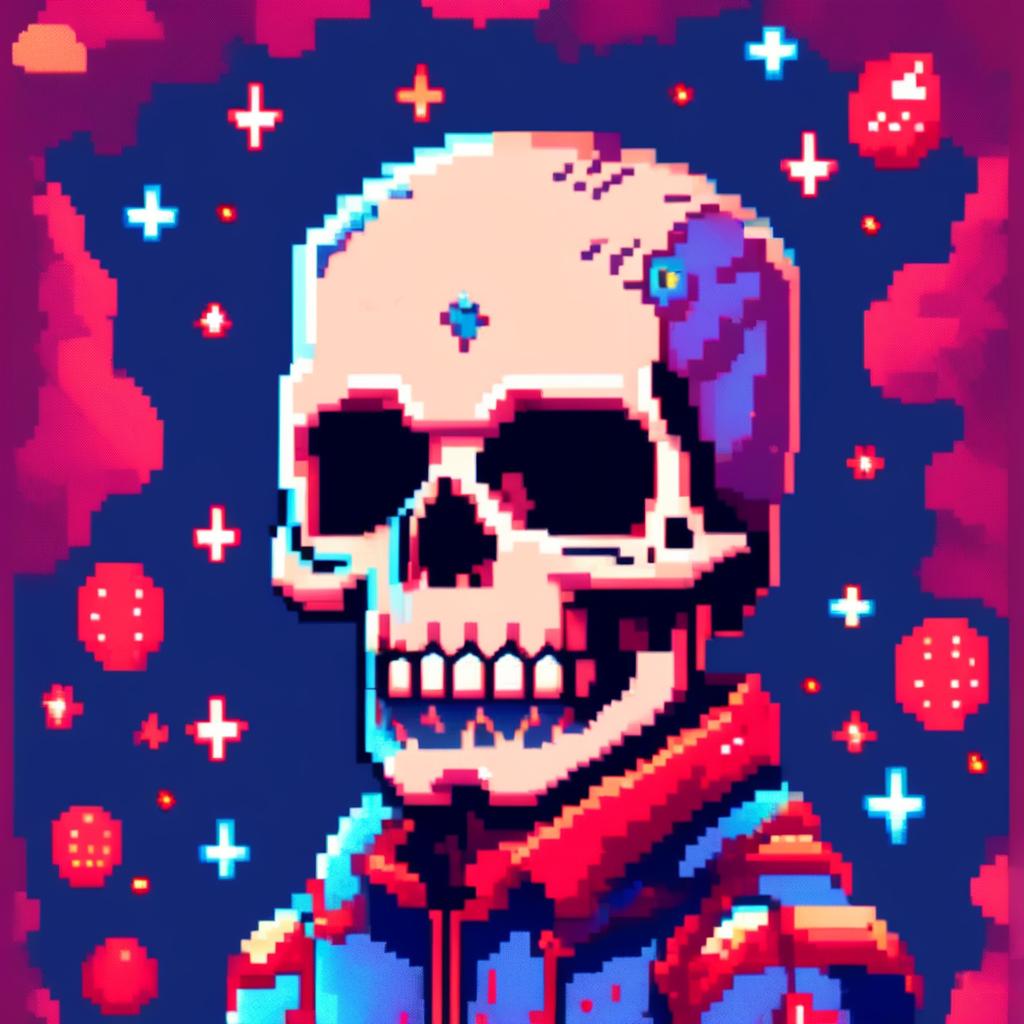 Pixel art profile picture featuring a detailed skull rendered in shades of electric blue against a deep red, starry background