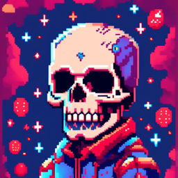 Pixel art profile picture featuring a detailed skull rendered in shades of electric blue against a deep red, starry background