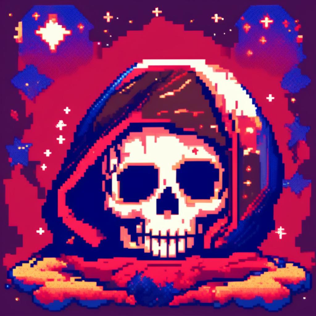 Pixel art profile picture featuring a detailed skull rendered in shades of electric blue against a deep red, starry background