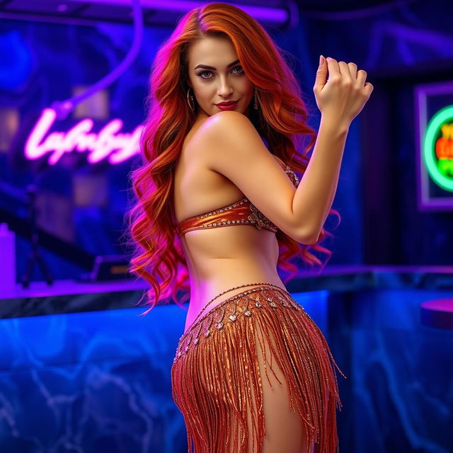 A sexy belly dancer with long wavy red hair and sparkling green eyes, extremely large breasts with large perky nipples, a small waist, wide hips, and a round prominent ass