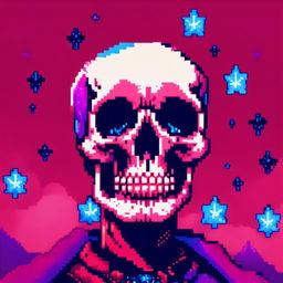 Pixel art profile picture featuring a detailed skull rendered in shades of electric blue against a deep red, starry background