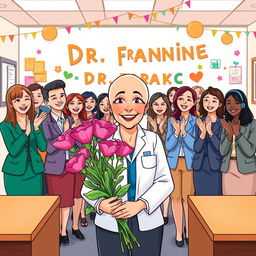 A vibrant illustration depicting all the employees in an office setting clapping for Dr