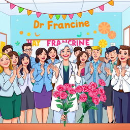 A vibrant illustration depicting all the employees in an office setting clapping for Dr