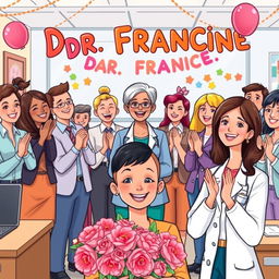 A vibrant illustration depicting all the employees in an office setting clapping for Dr